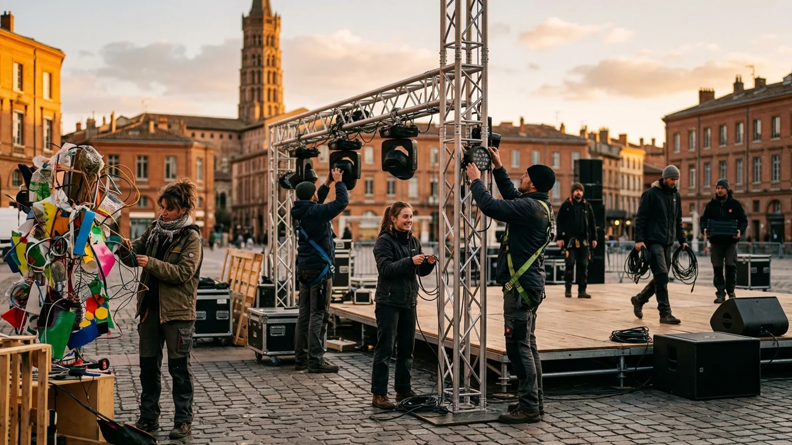 Équipe technique de l'association déployant une régie scénique à Toulouse
